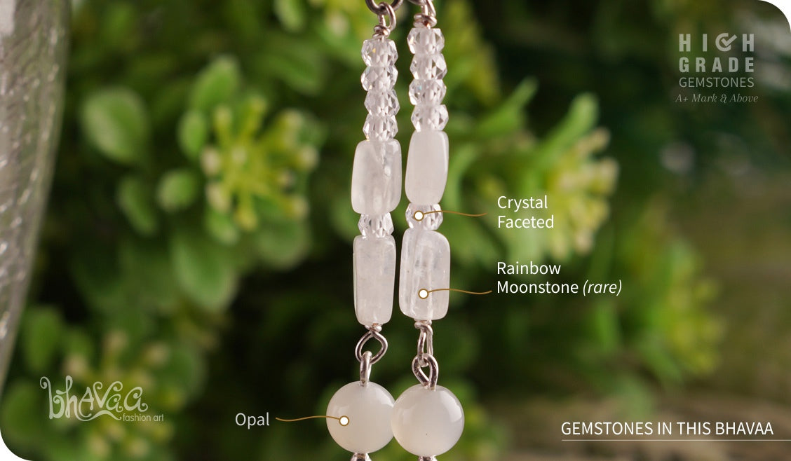 bhavaa Premium Gemstone Jewelry- Earrings. Subtle Lustre Collection, Mark-1 | Gemstones: White Opal, Crystal Faceted, Rainbow Moonstone