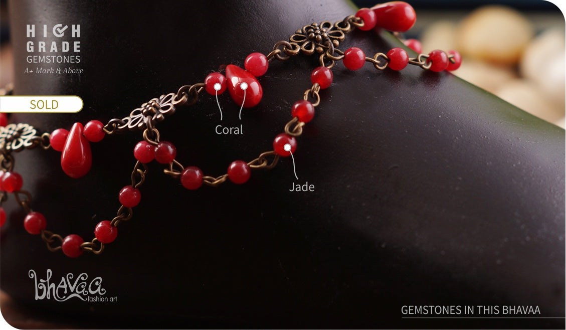 bhavaa Premium Gemstone Jewelry- Anklet. Coy Radiance Collection, Mark-1 | Gemstones: Red Coral, Red Jade