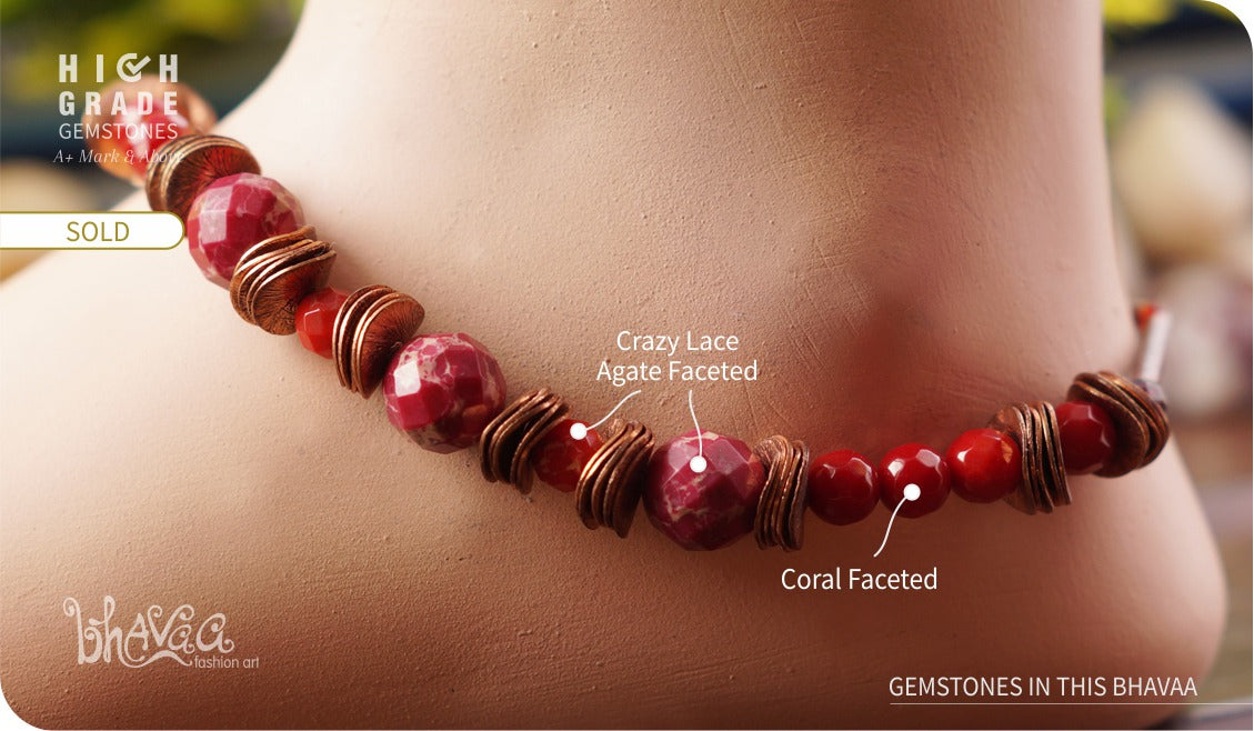 bhavaa Premium Gemstone Jewelry- Anklet. Coy Radiance Collection, Mark-1 | Gemstones: Red Agate, Red Crazy Lace Agate, Red Garnet, Coral