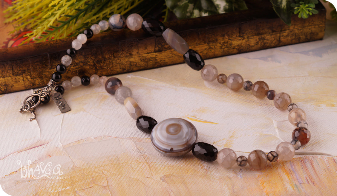 bhavaa Premium Gemstone Jewelry- Necklace. Innate Poise Collection, Mark-1 | Gemstones: Grey Tibet Heaven Eye Agate, Cloudy Quartz Faceted, Grey Fire Crackle Agate Faceted, Grey Agate, Black Onyx Agate, Agate Faceted, Grey Dragon Veins Agate Faceted