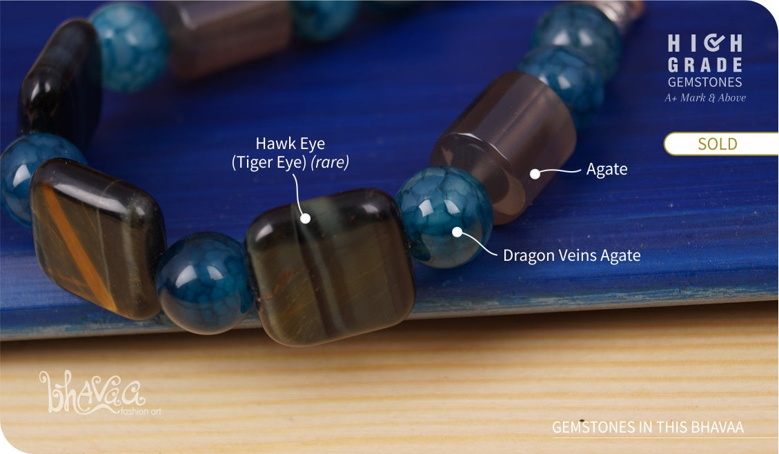 bhavaa Premium Gemstone Jewelry- Bracelet. Serene Indulgence Collection, Mark-2 | Gemstones: Grey Agate, Blue Dragon Veins Agate, Grey Hawk Eye (Tiger Eye)