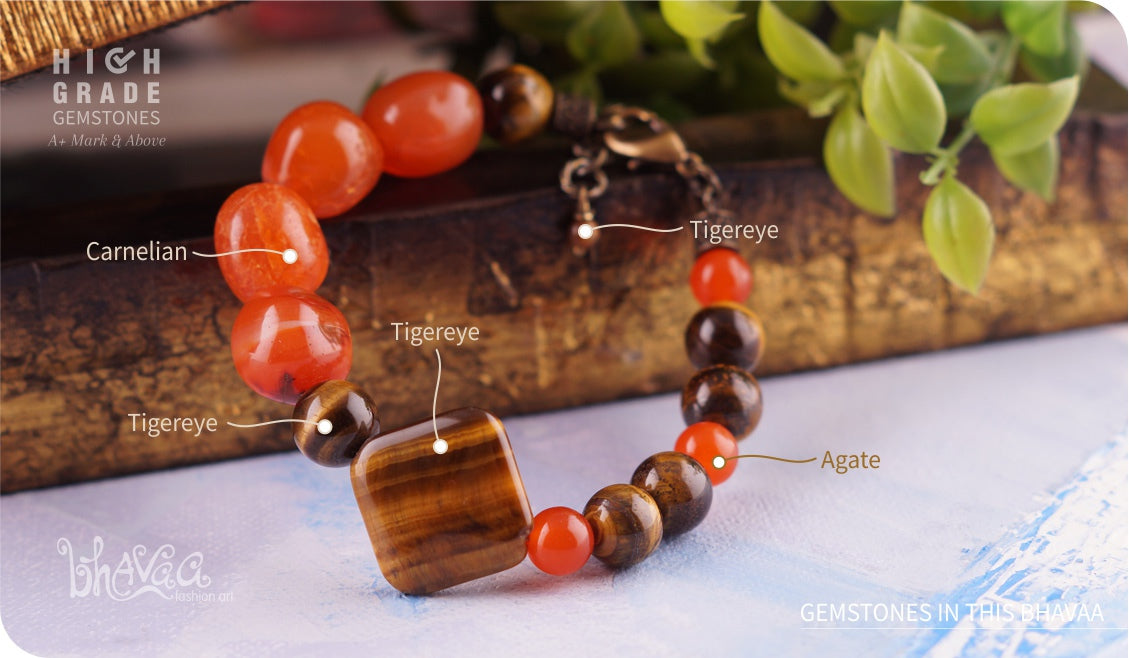 bhavaa Premium Gemstone Jewelry- Bracelet. Rustic Elegance Collection, Mark-2 | Gemstones: Orange Carnelian, Orange Agate, Brown Tigereye