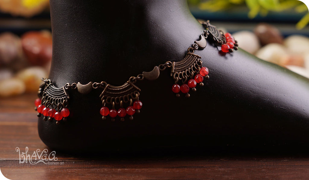 bhavaa Premium Gemstone Jewelry- Anklet. Coy Radiance Collection, Mark-2 | Gemstones: Red Jade Faceted