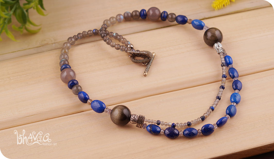 bhavaa Premium Gemstone Jewelry- Necklace. Serene Indulgence Collection, Mark-1 | Gemstones: Labradorite Faceted, Grey Golden Obsidian, Smoky Quartz Faceted, Lapis Lazuli Faceted