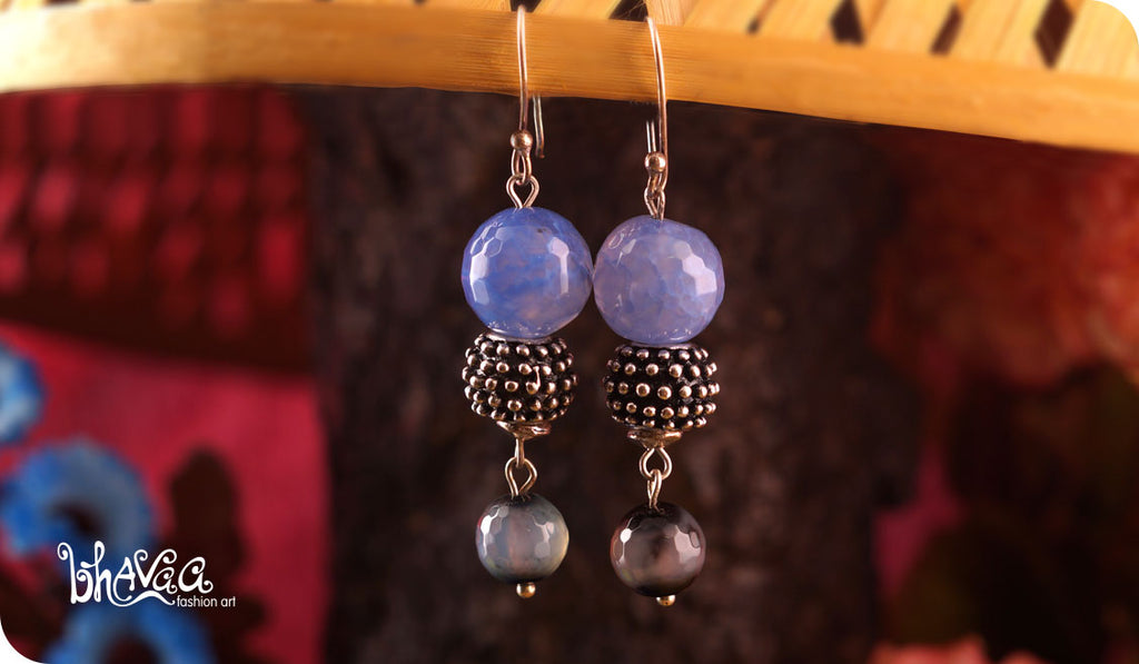 bhavaa Premium Gemstone Jewelry- Earrings. Serene Indulgence Collection, Mark-2 | Gemstones: Grey Fire Crackle Agate Faceted, Blue Crab Fire Crackle Agate Faceted