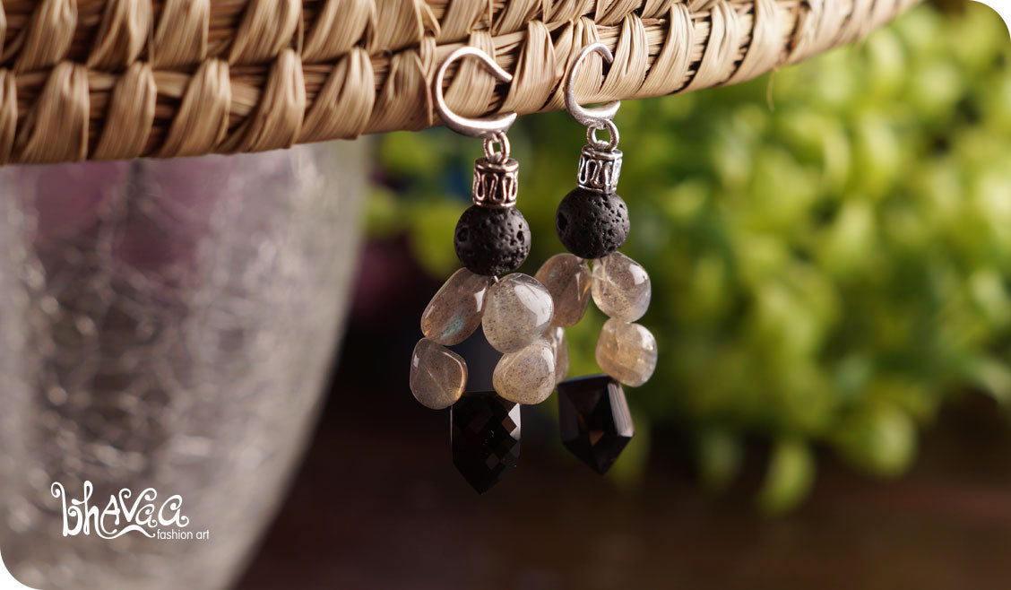 bhavaa Premium Gemstone Jewelry- Earrings. Vivacious Charm Collection, Mark-1 | Gemstones: Black Lava, Black Spinel, Grey Labradorite