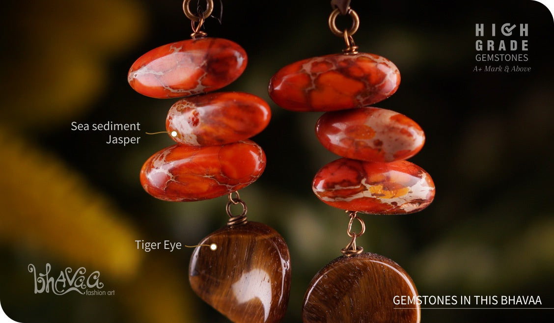 bhavaa Premium Gemstone Jewelry- Earrings. Rustic Elegance Collection, Mark-2 | Gemstones: Tiger Eye, Orange Sea Sediment Jasper