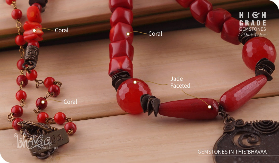 bhavaa Premium Gemstone Jewelry- Necklace. Coy Radiance Collection, Mark-2 | Gemstones: Red Jade Faceted, Red Coral