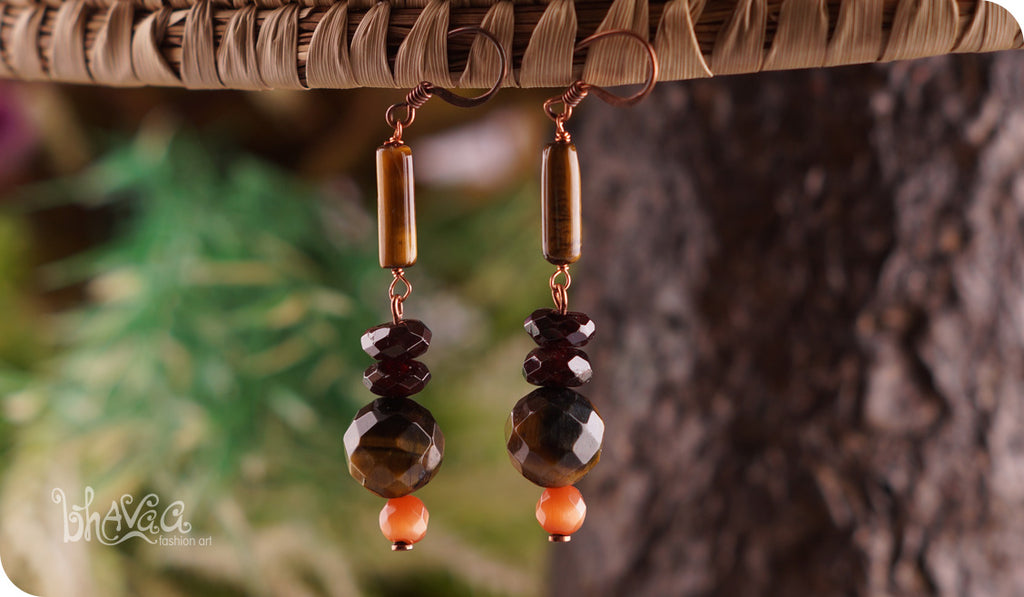 bhavaa Premium Gemstone Jewelry- Earrings. Rustic Elegance Collection, Mark-2 | Gemstones: Tiger Eye Faceted, Tiger Eye, Orange South American Topaz Faceted, Garnet Faceted