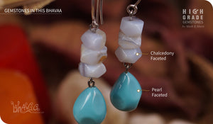 bhavaa Premium Gemstone Jewelry- Earrings. Serene Indulgence Collection, Mark-2 | Gemstones: Blue Pearl Faceted, Grey Chalcedony Faceted