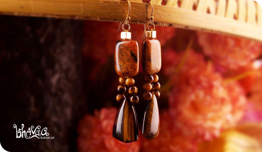 bhavaa Premium Gemstone Jewelry- Earrings. Rustic Elegance Collection, Mark-1 | Gemstones: Orange Turkey Turquoise, Tiger Eye