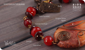 bhavaa Premium Gemstone Jewelry- Bracelet. Coy Radiance Collection, Mark-1 | Gemstones: Red Dragon Veins Agate, Carnelian, Garnet, Jade Faceted, Garnet Faceted