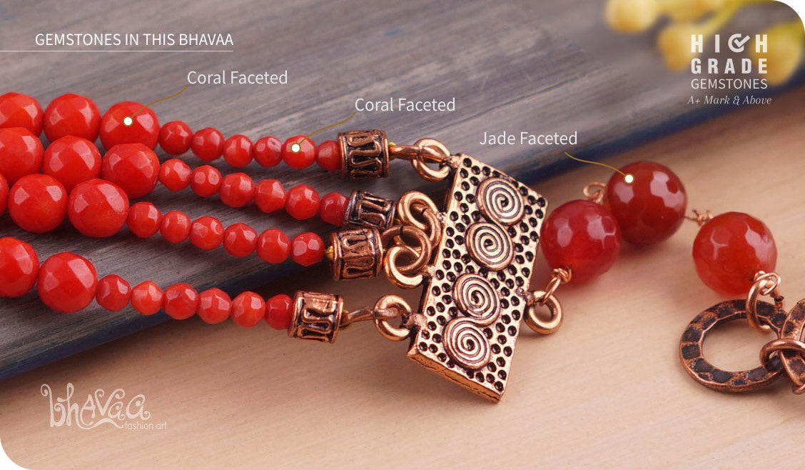 bhavaa Premium Gemstone Jewelry- Bracelet. Coy Radiance Collection, Mark-1 | Gemstones: Red Coral, Red Jade