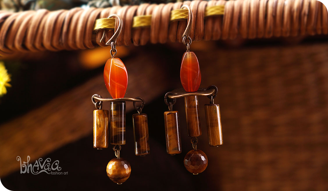 bhavaa Premium Gemstone Jewelry- Earrings. Rustic Elegance Collection, Mark-2 | Gemstones: Tiger Eye, Tiger Eye Faceted, Orange Agate