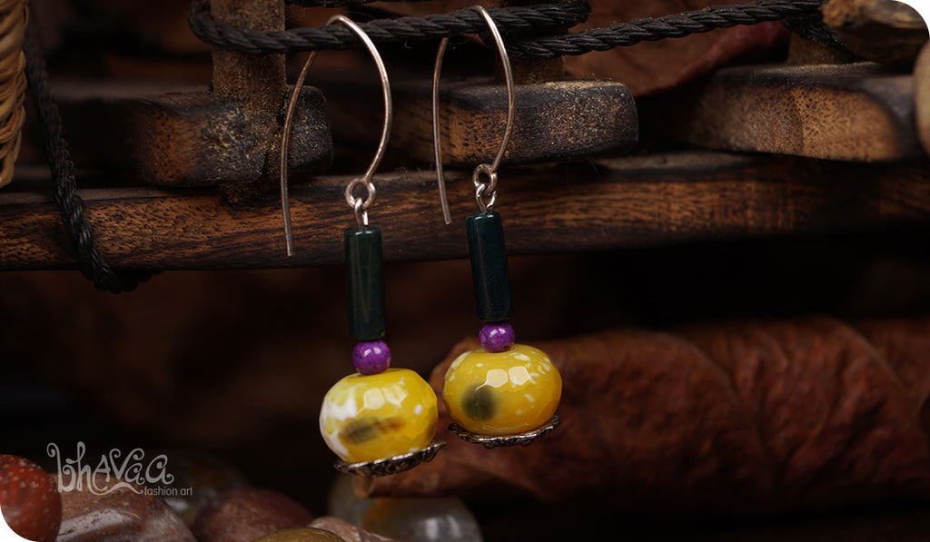 bhavaa Premium Gemstone Jewelry- Earrings. Vivacious Charm Collection, Mark-2 | Gemstones: Green Agate Faceted, Green Moss Agate, Purple Riverstone.