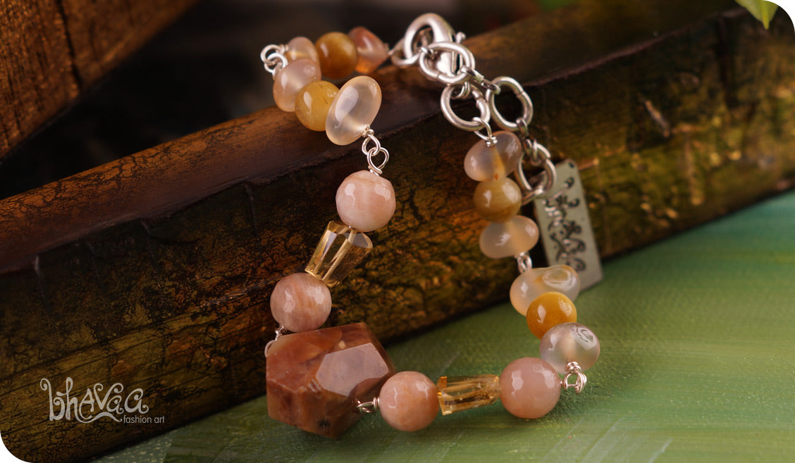 bhavaa Premium Gemstone Jewelry- Bracelet. Vivacious Charm Collection, Mark-1 | Gemstones: Pink Sunstone Faceted, Citrine, Carnelian, Tiger Eye, Yellow Opal Faceted 