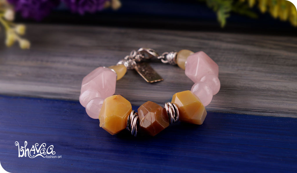 bhavaa Premium Gemstone Jewelry- Bracelet. Vivacious Charm Collection, Mark-1 | Gemstones: Pink Rose Quartz Faceted, Yellow Opal Faceted, Yellow Agate Faceted