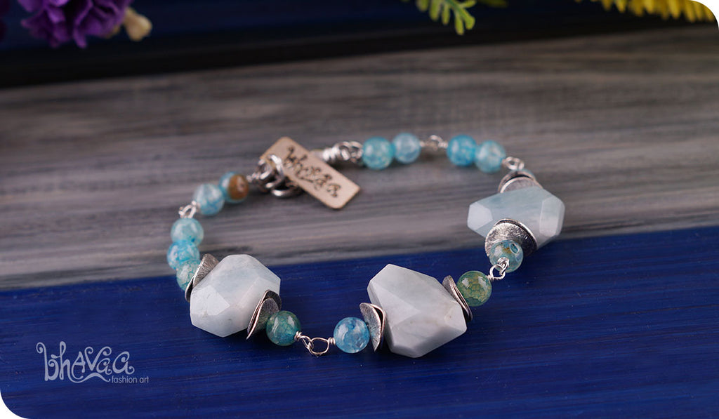 bhavaa Premium Gemstone Jewelry- Bracelet. Serene Indulgence Collection, Mark-2 | Gemstones: Blue Aquamarine Faceted, Blue Dragon Veins Agate