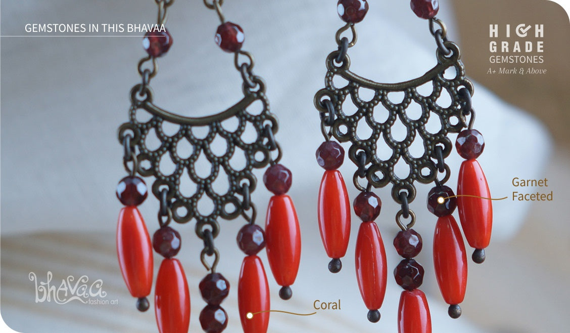 bhavaa Premium Gemstone Jewelry- Earrings. Coy Radiance Collection, Mark-1 | Gemstones: Red Coral, Garnet Faceted