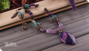 bhavaa Premium Gemstone Jewelry- Necklace. Soothing Vibrancy Collection, Mark-1 | Gemstones: Green Crab Fire Crackle Agate Faceted, Prehnite, Amethyst, Purple Druzy Geode Agate