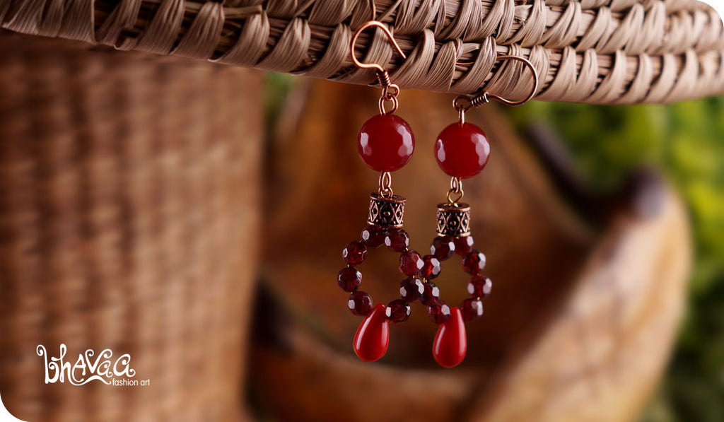 bhavaa Premium Gemstone Jewelry- Earrings. Coy Radiance Collection, Mark-2 | Gemstones: Red Jade Faceted, Red Coral, Garnet Faceted