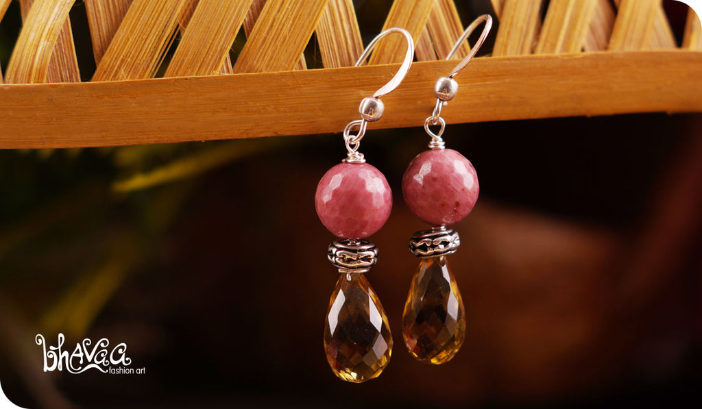 bhavaa Premium Gemstone Jewelry- Earrings. Vivacious Charm Collection, Mark-1 | Gemstones: Rhodonite Faceted, Citrine Faceted