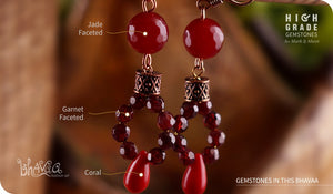 bhavaa Premium Gemstone Jewelry- Earrings. Coy Radiance Collection, Mark-2 | Gemstones: Red Jade Faceted, Red Coral, Garnet Faceted