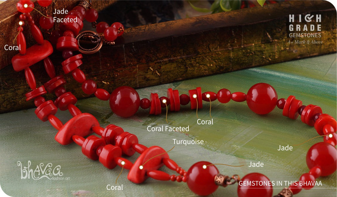 bhavaa Premium Gemstone Jewelry- Necklace. Coy Radiance Collection, Mark-1 | Gemstones: Red Turquoise, Red Jade, Red Coral, Red Coral Faceted, Red Jade Faceted