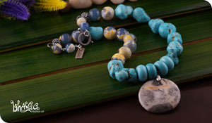 bhavaa Premium Gemstone Jewelry- Necklace. Serene Indulgence Collection, Mark-1 | Gemstones: Grey Crazy Lace Agate, Grey Crab Agate Faceted, Blue Turquoise