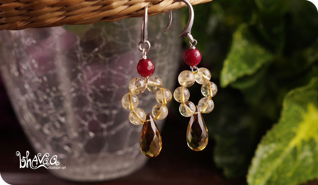 bhavaa Premium Gemstone Jewelry- Earrings. Vivacious Charm Collection, Mark-1 | Gemstones: Pink Jade Faceted, Citrine Faceted