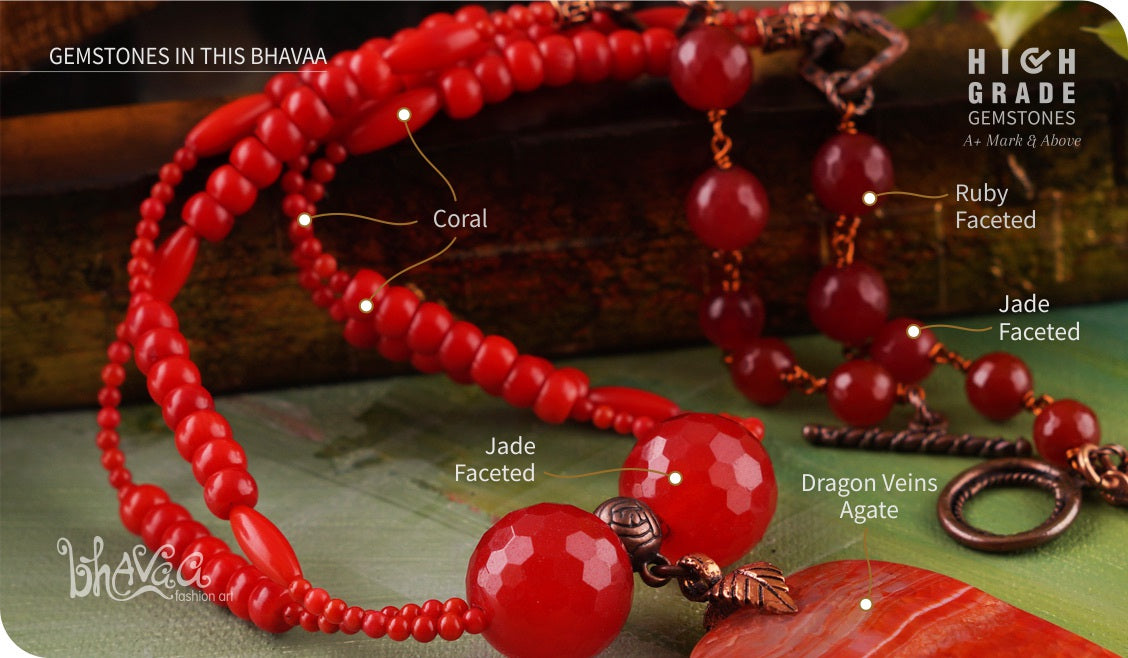 bhavaa Premium Gemstone Jewelry- Necklace. Coy Radiance Collection, Mark-1 | Gemstones: Red Dragon Veins Agate, Red Jade Faceted, Red Coral, Ruby Faceted