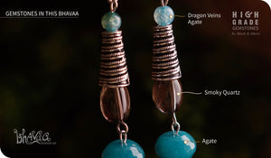 bhavaa Premium Gemstone Jewelry- Earrings. Serene Indulgence Collection, Mark-2 | Gemstones: Blue Dragon Veins Agate, Blue Agate Faceted, Smoky Quartz