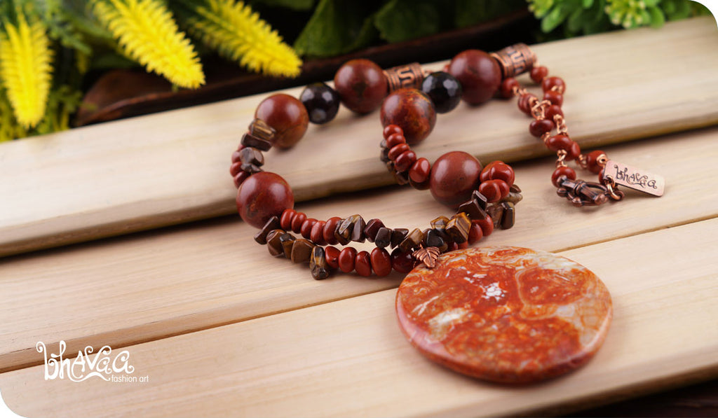 bhavaa Premium Gemstone Jewelry- Necklace. Rustic Elegance Collection, Mark-1 | Gemstones: Orange Fire Crackle Agate, Brown Jasper, Tiger Eye, Brown Agate Faceted, Brown Picasso Jasper