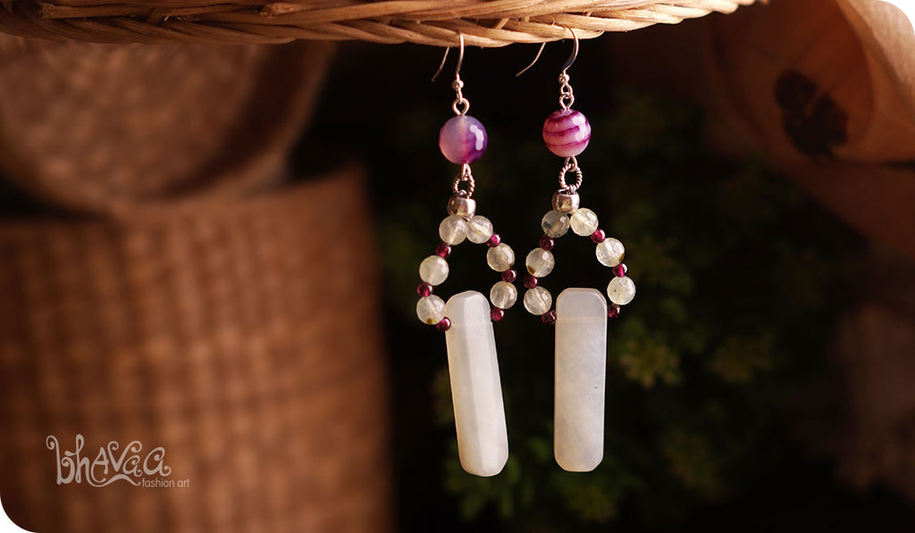 bhavaa Premium Gemstone Jewelry- Earrings. Soothing Vibrancy Collection, Mark-1 | Gemstones: Prehnite Faceted, White Jade, Purple Banded Agate Faceted, Purple Garnet