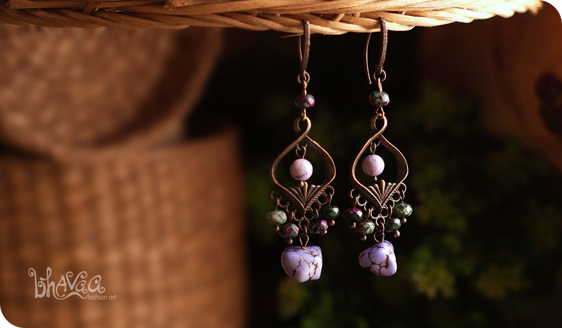 bhavaa Premium Gemstone Jewelry- Earrings. Soothing Vibrancy Collection, Mark-1 | Gemstones: Purple Turquoise, Ruby Zoisite Faceted, Purple Riverstone 