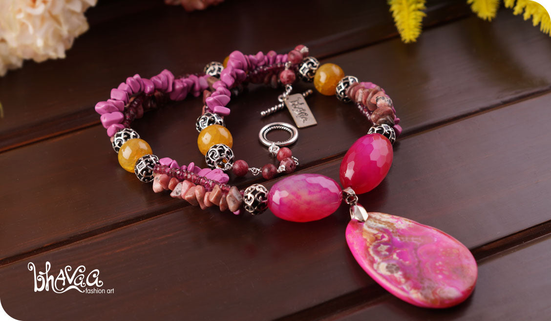 bhavaa Premium Gemstone Jewelry- Necklace. Vivacious Charm Collection, Mark-1 | Gemstones: Pink Crab Fire Crackle Agate, Pink Fire Crackle Agate Faceted, Pink Rhodochrosite, Pink Rhodonite Faceted, Yellow Fire Crackle Agate, Pink Mangesite, Jade