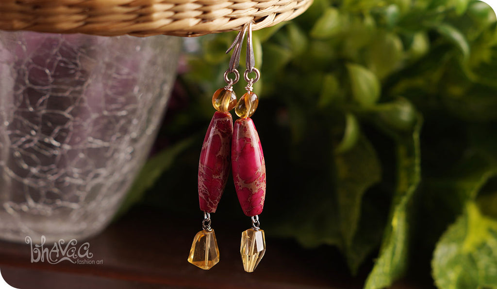 bhavaa Premium Gemstone Jewelry- Earrings. Vivacious Charm Collection, Mark-1 | Gemstones: Pink Sea Sediment Jasper, Citrine Faceted