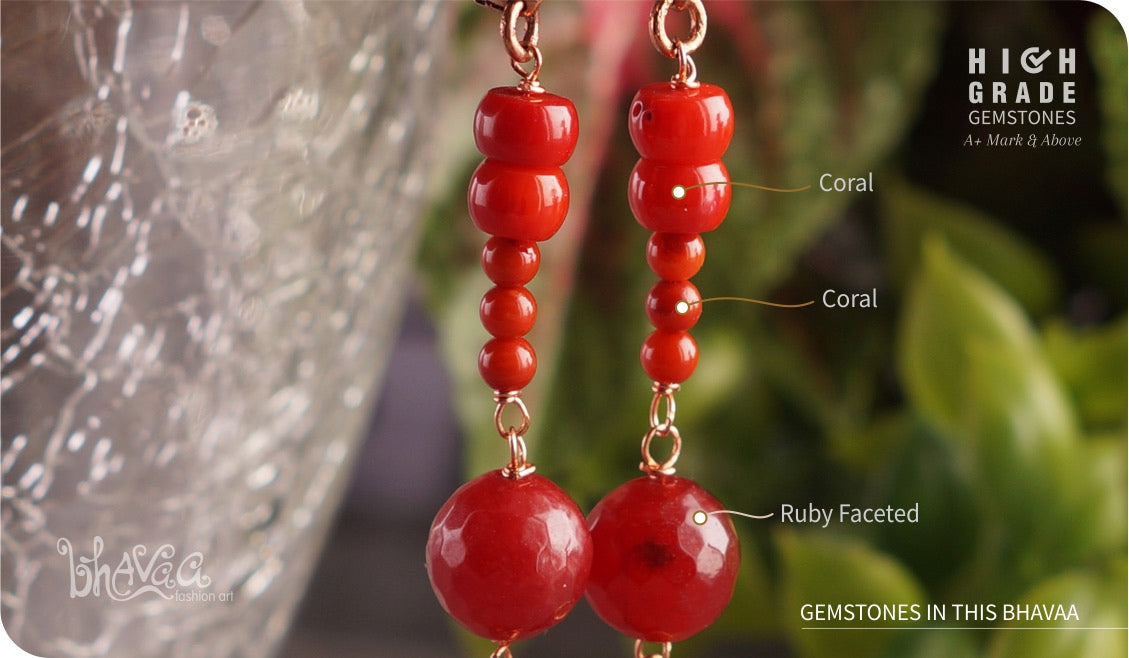 bhavaa Premium Gemstone Jewelry- Earrings. Coy Radiance Collection, Mark-2 | Gemstones: Red Coral, Ruby Faceted 