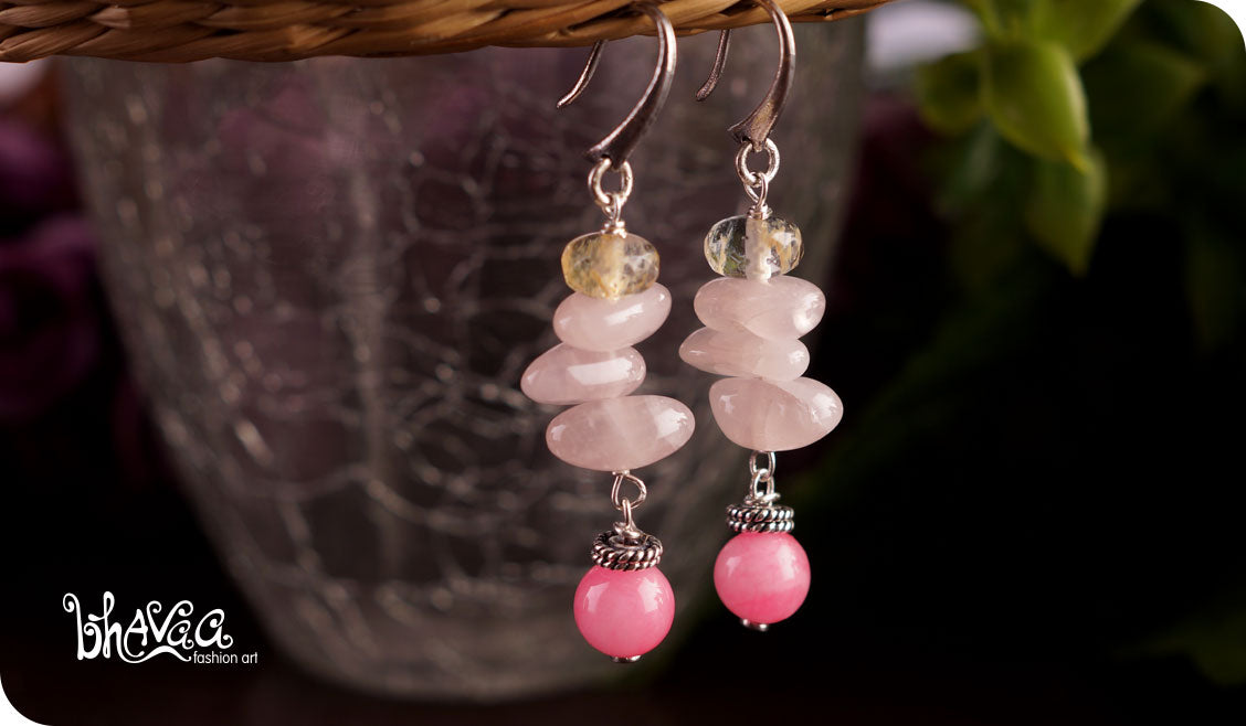 bhavaa Premium Gemstone Jewelry- Earrings. Vivacious Charm Collection, Mark-1 | Gemstones: Rose Quartz, Pink Jade, Yellow Quartz Faceted