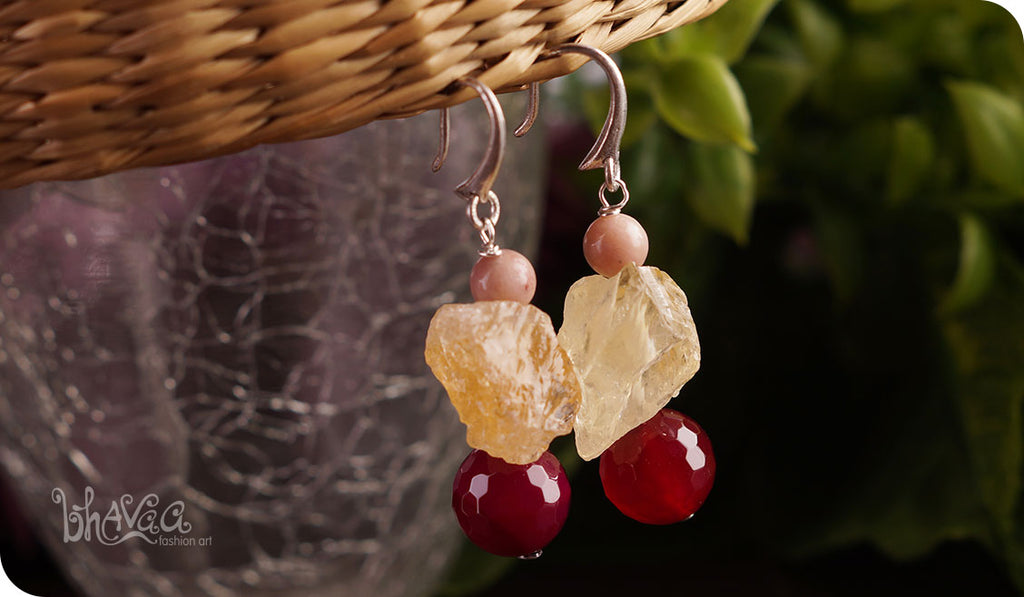 bhavaa Premium Gemstone Jewelry- Earrings. Vivacious Charm Collection, Mark-1 | Gemstones: Pink Jade Faceted, Pink Rhodochrosite, Citrine Rough