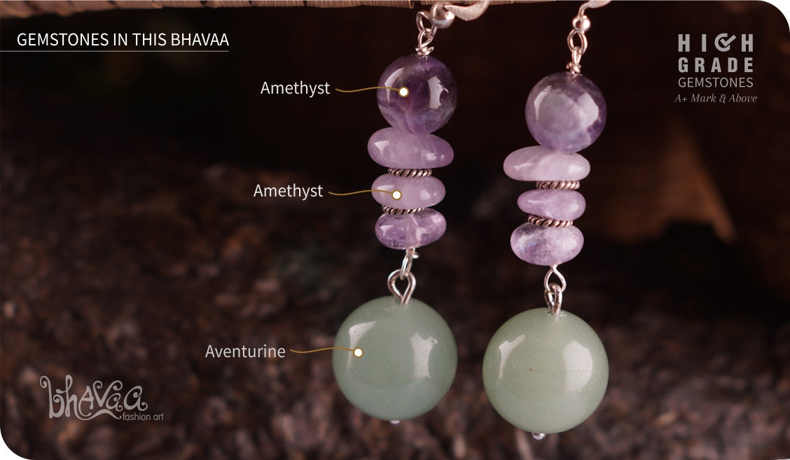 bhavaa Premium Gemstone Jewelry- Earrings. Soothing Vibrancy Collection, Mark-1 | Gemstones: Aventurine, Amethyst