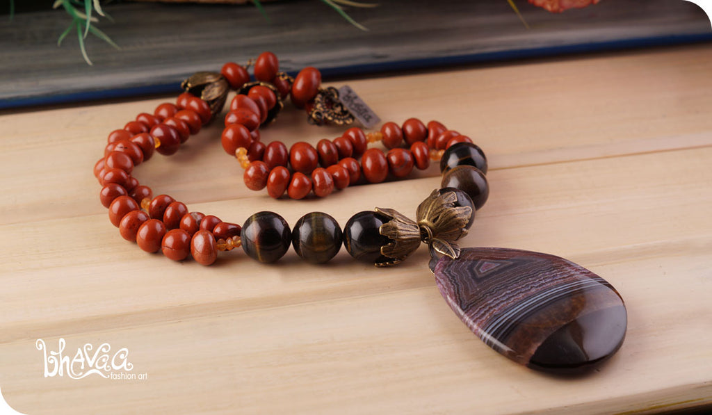 bhavaa Premium Gemstone Jewelry- Necklace. Rustic Elegance Collection, Mark-1 | Gemstones: Brown Druzy Geode Agate, Tiger Eye, Jasper, Carnelian 