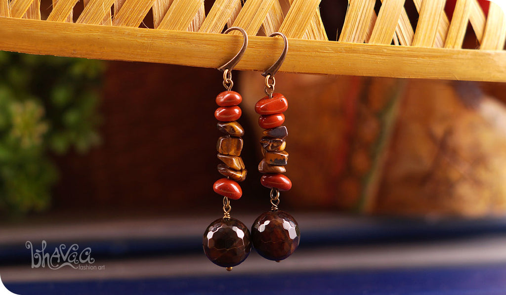 bhavaa Premium Gemstone Jewelry- Earrings. Rustic Elegance Collection, Mark-2 | Gemstones: Brown Agate Faceted, Brown Jasper, Tiger Eye