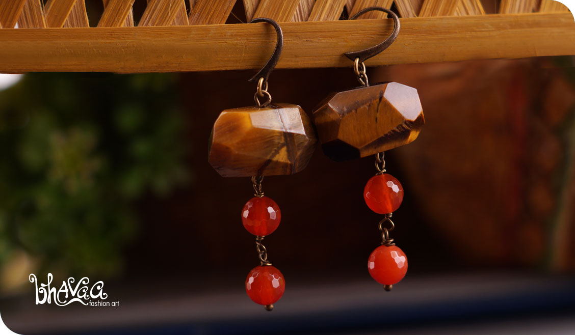 bhavaa Premium Gemstone Jewelry- Earrings. Rustic Elegance Collection, Mark-2 | Gemstones: Tiger Eye Faceted, Orange Agate Faceted