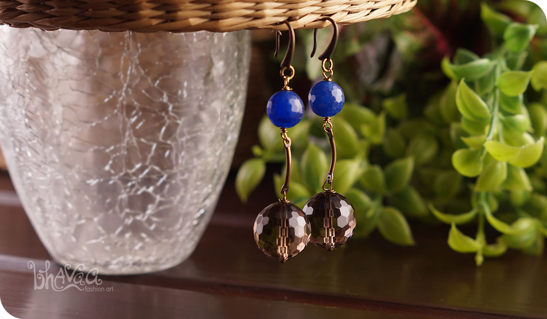 bhavaa Premium Gemstone Jewelry- Earrings. Serene Indulgence Collection, Mark-2 | Gemstones: Blue Jade Faceted, Smoky Quartz Faceted