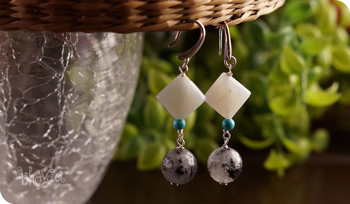 bhavaa Premium Gemstone Jewelry- Earrings. Serene Indulgence Collection, Mark-1 | Gemstones: Grey Tourmalinated Quartz Faceted, Blue Amazonite, Blue Turquoise