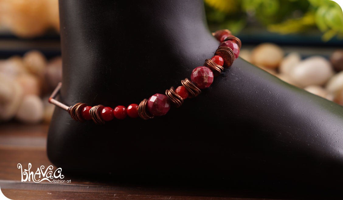 bhavaa Premium Gemstone Jewelry- Anklet. Coy Radiance Collection, Mark-1 | Gemstones: Red Agate, Red Crazy Lace Agate, Red Garnet, Coral