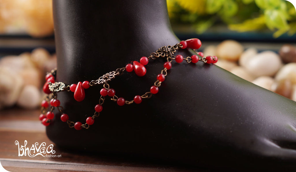 bhavaa Premium Gemstone Jewelry- Anklet. Coy Radiance Collection, Mark-1 | Gemstones: Red Coral, Red Jade