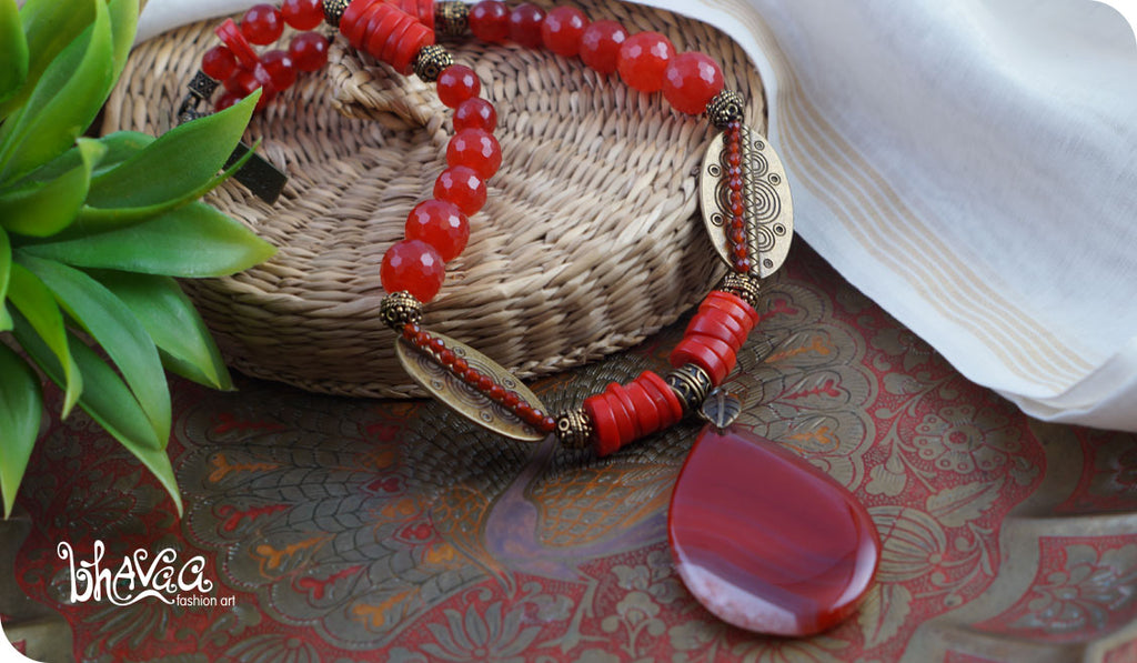 bhavaa Premium Gemstone Jewelry- Necklace. Coy Radiance Collection, Mark-1 | Gemstones: Red Agate, Red Jade, Red Coral, Red Jade, Red Agate