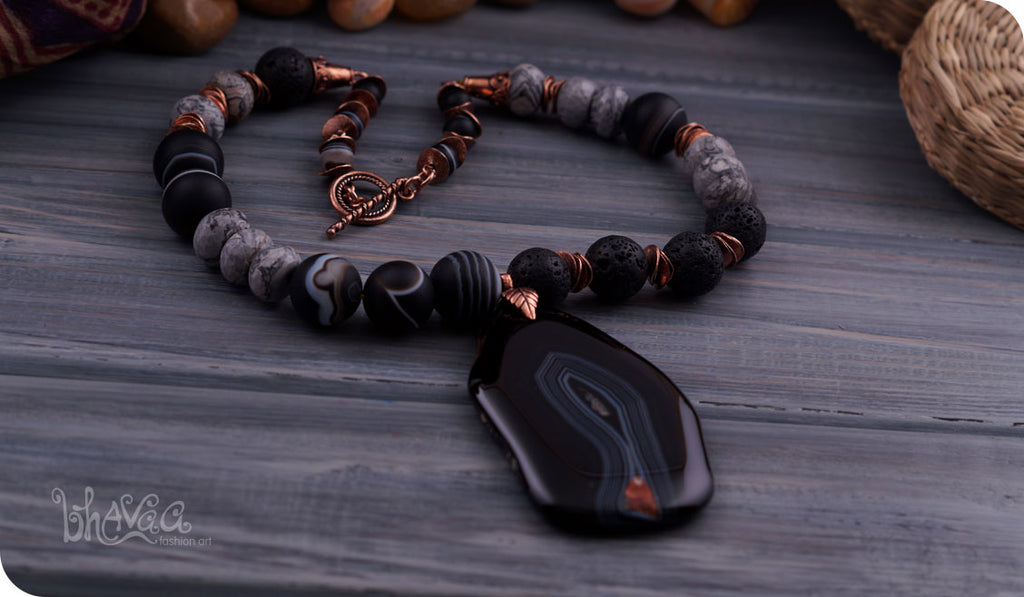 bhavaa Premium Gemstone Jewelry- Necklace. Vivacious Charm Collection, Mark-1 | Gemstones: Black Onyx Agate, Black Agate, Black Lava, Grey Map Jasper